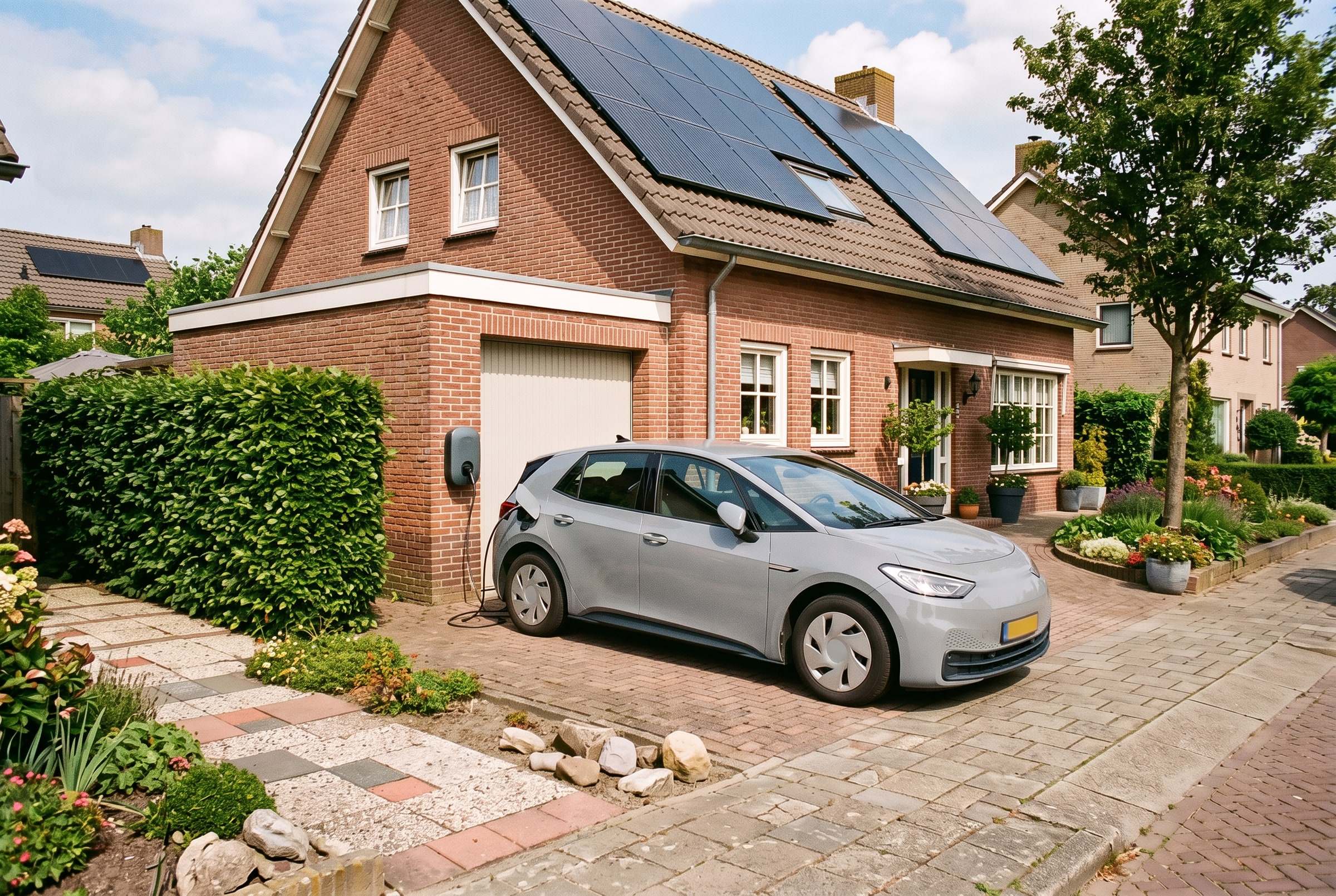 Elektrische auto die overdag thuis wordt opgeladen onder een dak met zonnepanelen