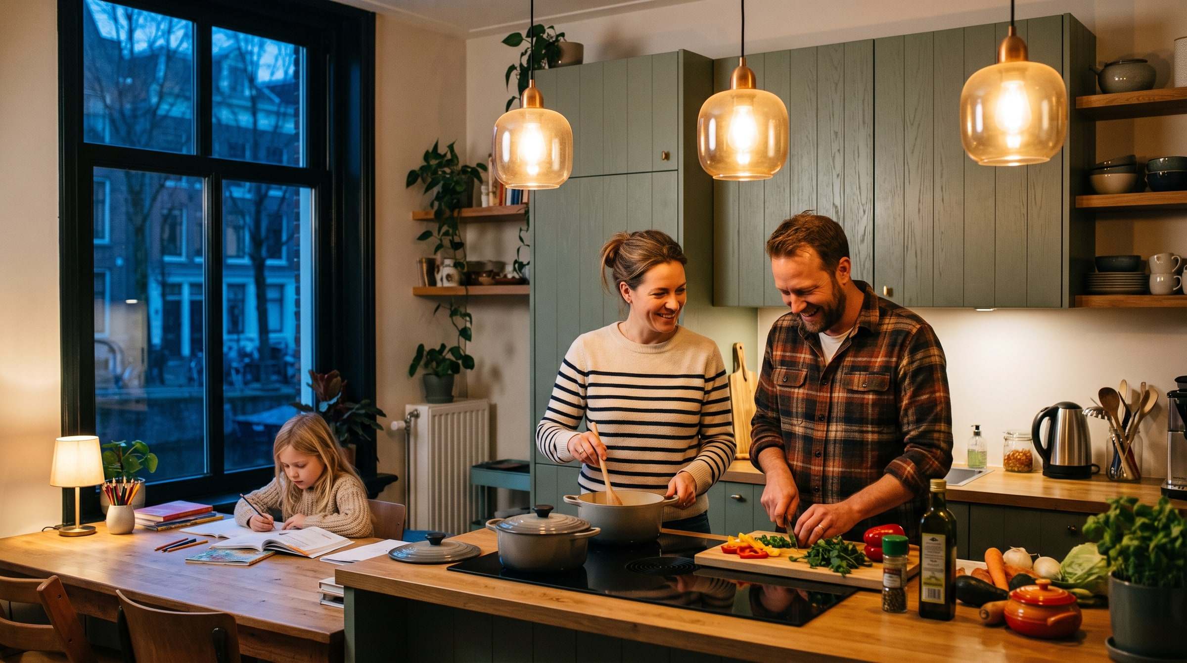 Keuken in de avond waar iemand op een telefoon energiecontracten vergelijkt