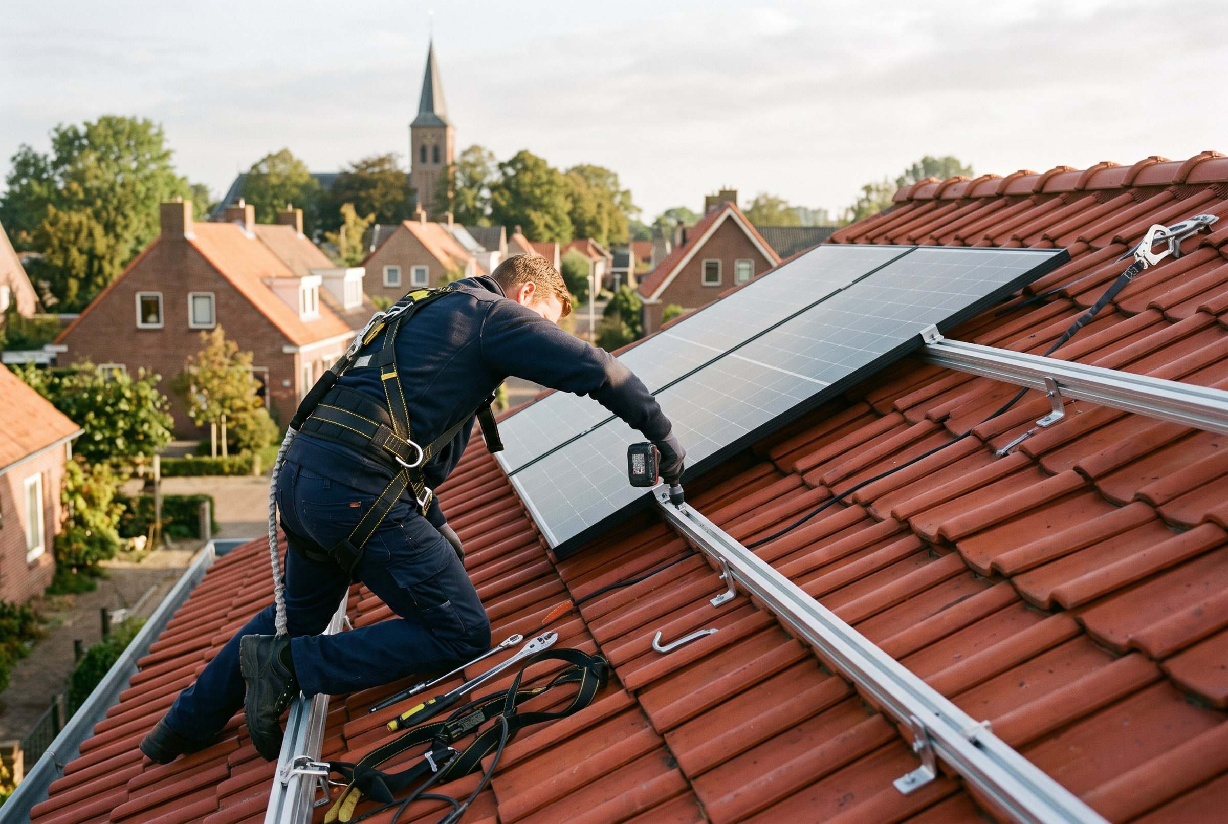Installateur legt zonnepanelen op een schuin pannendak